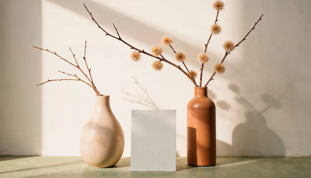 Two ceramic vases with dried branches on a sunlit floor, casting long shadows on a white wall.