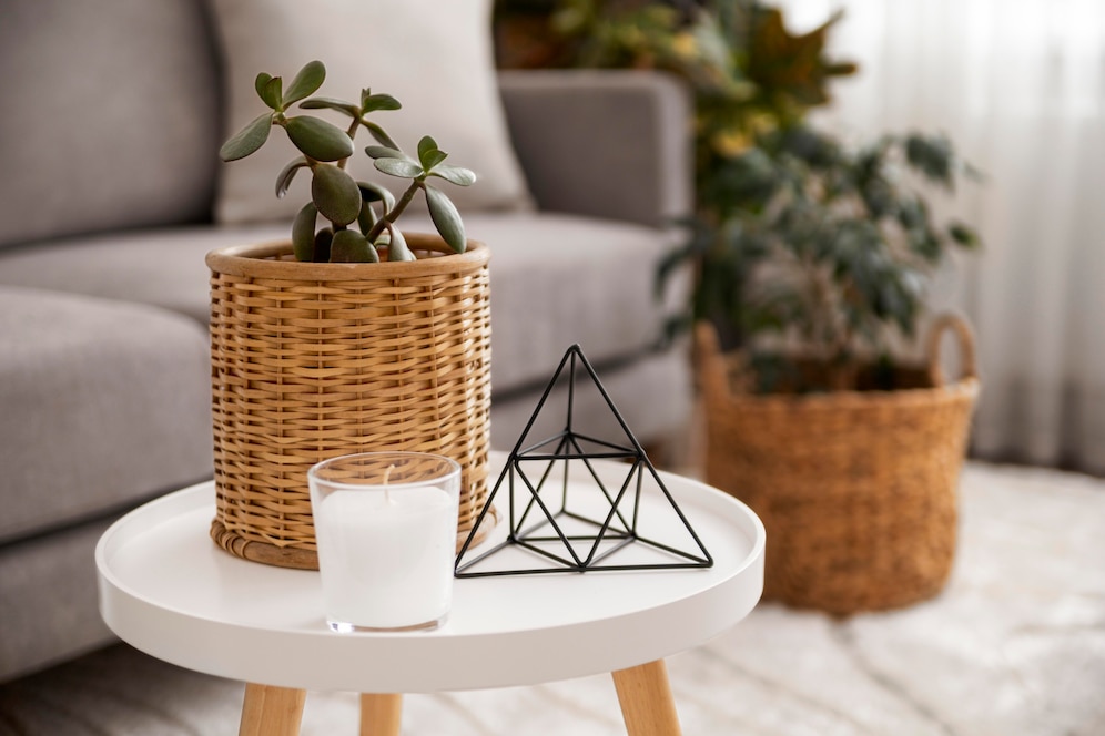 A cosy living room corner with a succulent in a wicker basket, a candle, and a geometric sculpture on a small table.
