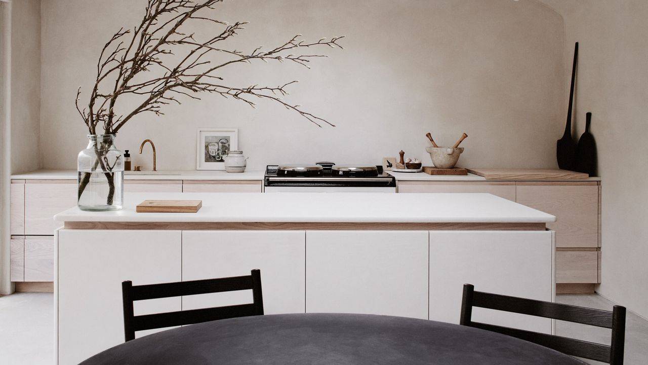 Minimalist kitchen with white cabinetry, a wooden countertop, and decorative branches in a glass vase.