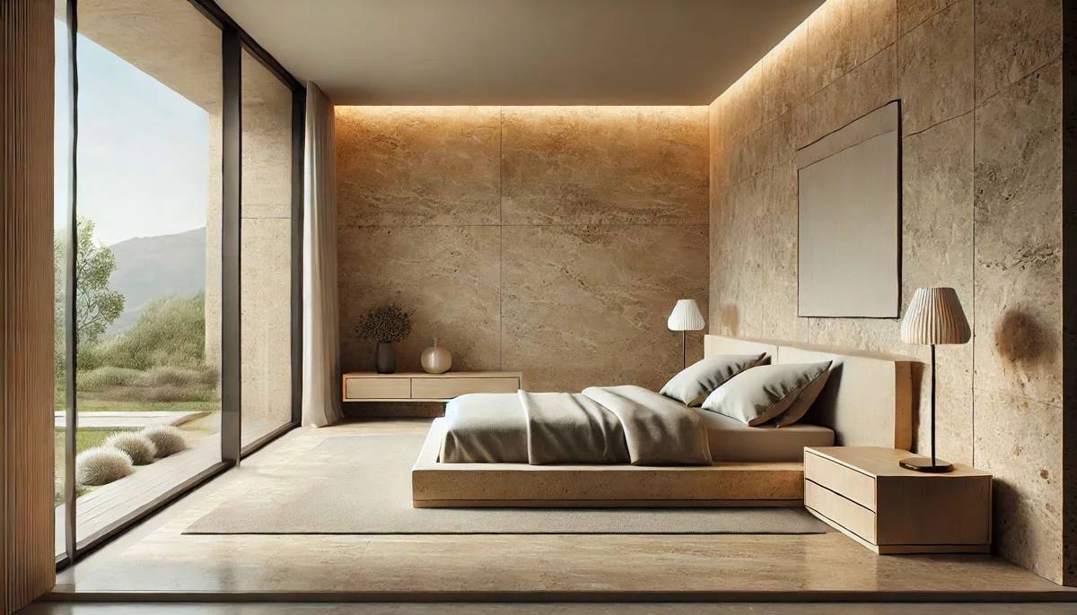 Modern bedroom with large window view of landscape, minimalist furniture and natural stone walls.