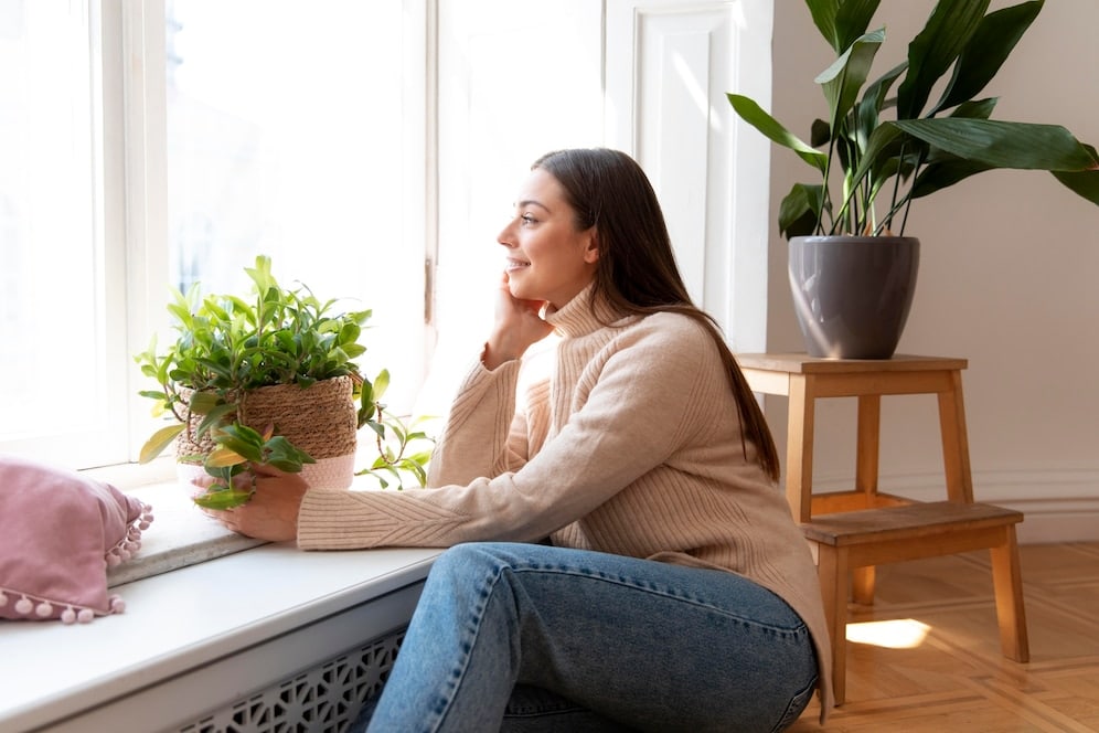 Young woman enjoying sunlight by window, holding a potted plant, with another large plant nearby.