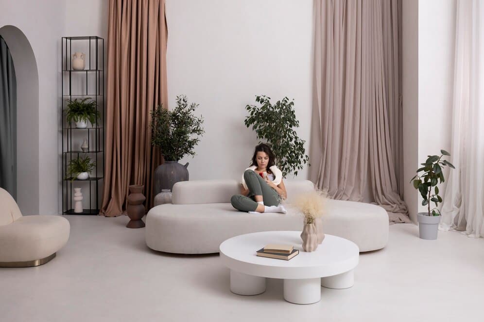 A woman reading a book in a modern living room with minimalist decor and plants.