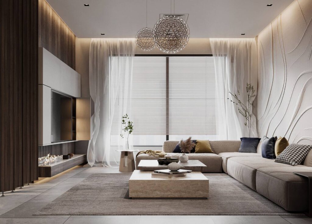 A modern living room featuring a cozy beige sofa, stylish decor, soft lighting, and elegant wall textures, with vibrant throw pillows.