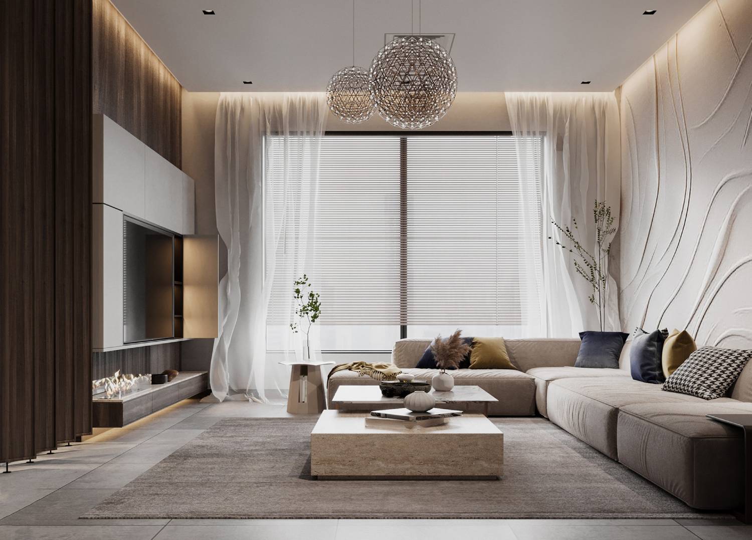 A modern living room featuring a cozy beige sofa, stylish decor, soft lighting, and elegant wall textures, with vibrant throw pillows.