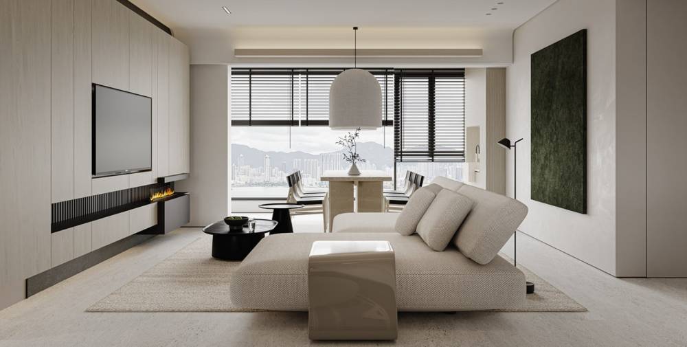  A living room with neutral tones, stylish furniture, a fireplace, and a city view seen through the window.