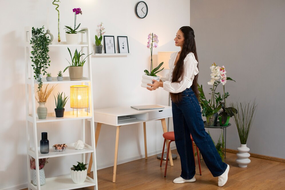  Woman in a bright room tending to various houseplants displayed on white shelves.