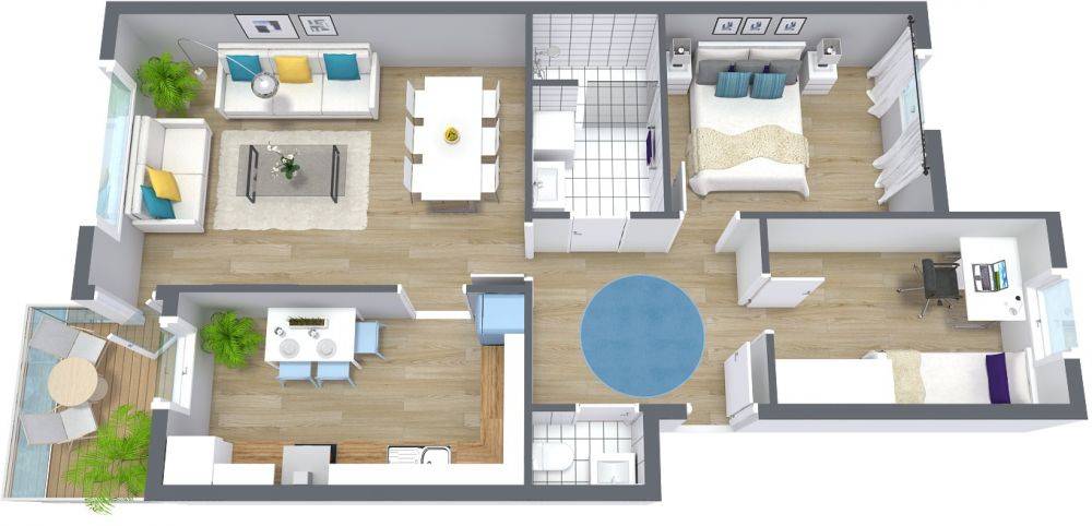 Bird's-eye view of a modern two-bedroom apartment floor plan, showing furniture layout and room details.