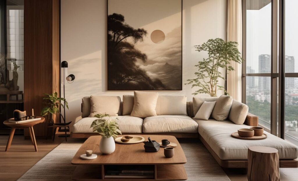 Modern living room with a large sofa, wooden furniture, plants, and a scenic artwork, overlooking a cityscape from large windows.
