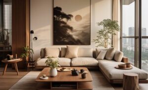 Modern living room with a large sofa, wooden furniture, plants, and a scenic artwork, overlooking a cityscape from large windows.