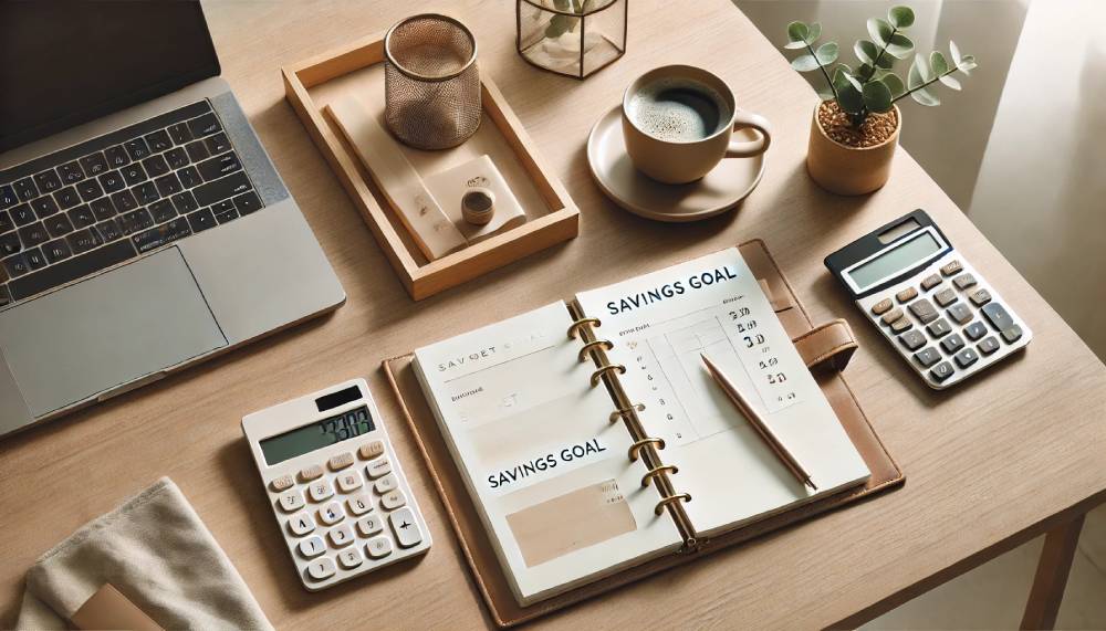 A well-organized desk with a laptop, planners, calculators, a coffee cup, and small plants.