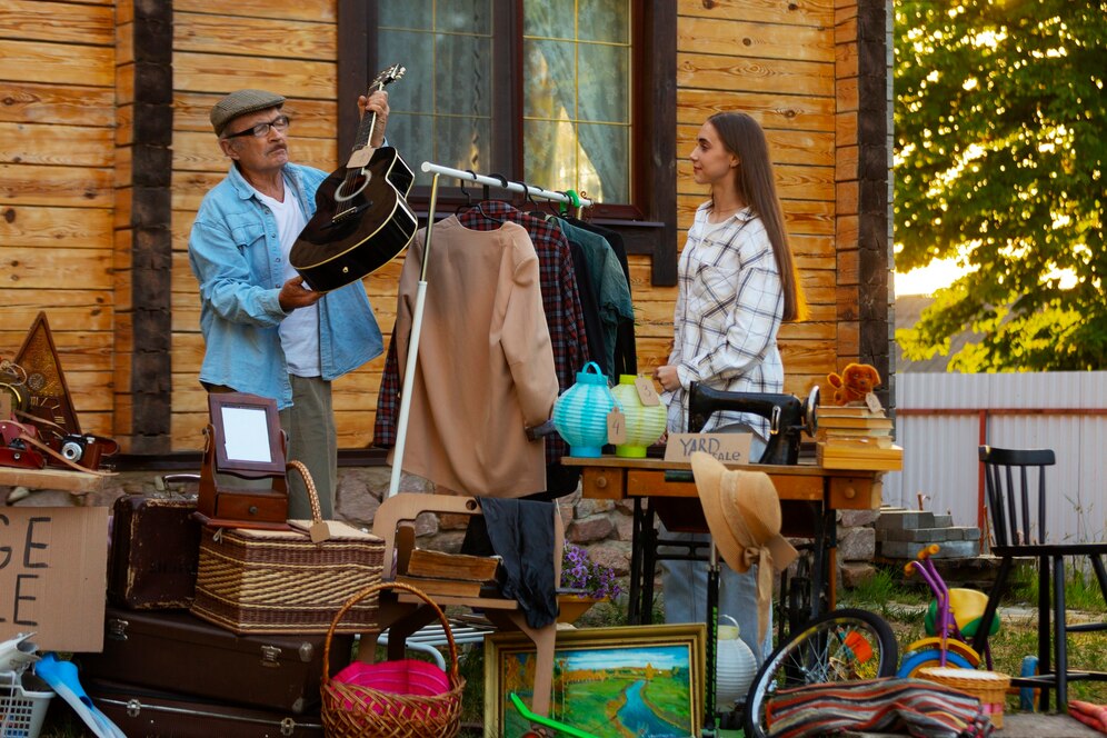 A man showing a guitar to a woman at a yard sale in front of a wooden house.