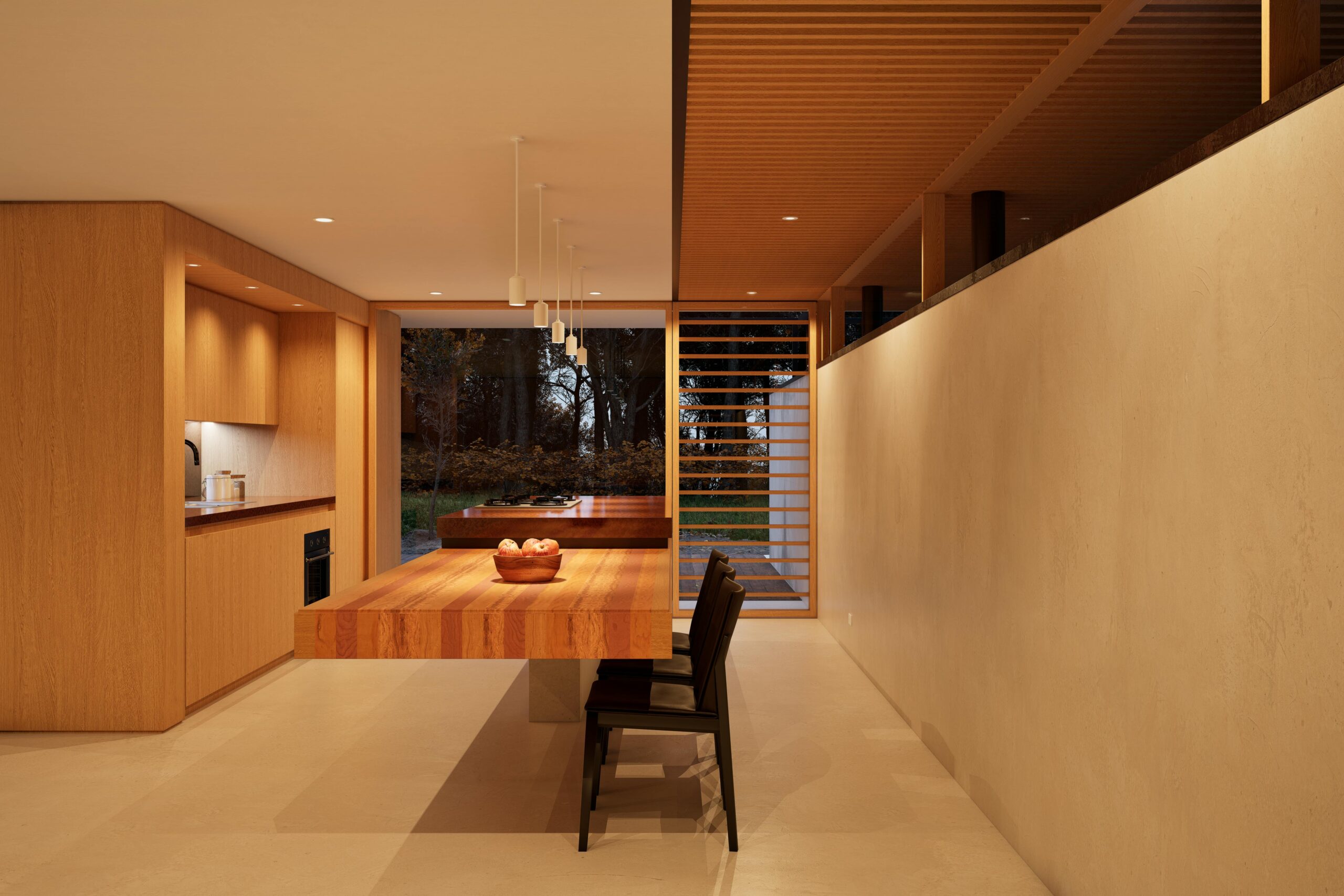 Modern kitchen interior with wooden fixtures and large windows overlooking autumn trees.