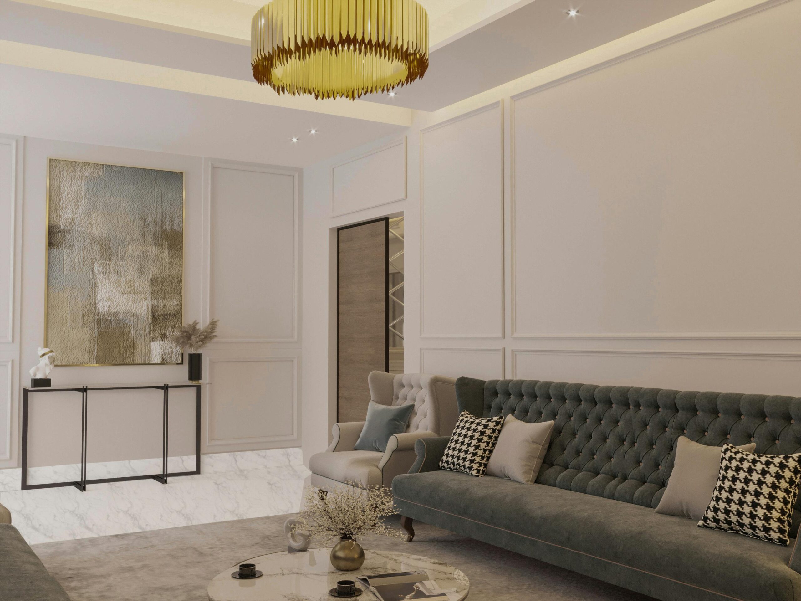 Elegant living room with a green tufted sofa, gold chandelier, and abstract art on the wall.