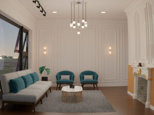 Elegant living room with a grey sofa, teal chairs, white walls, and a decorative fireplace.