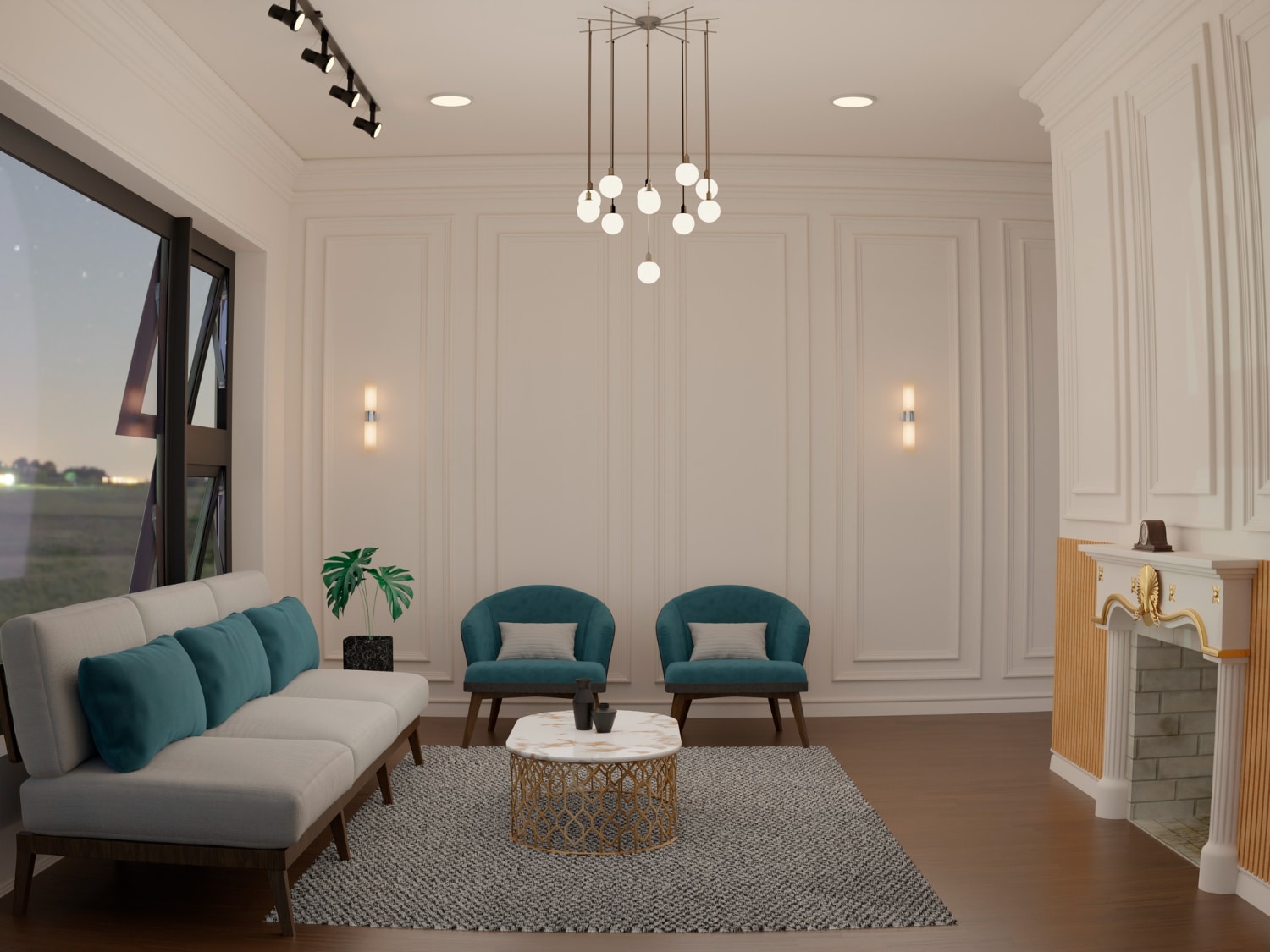 Elegant living room with a grey sofa, teal chairs, white walls, and a decorative fireplace.