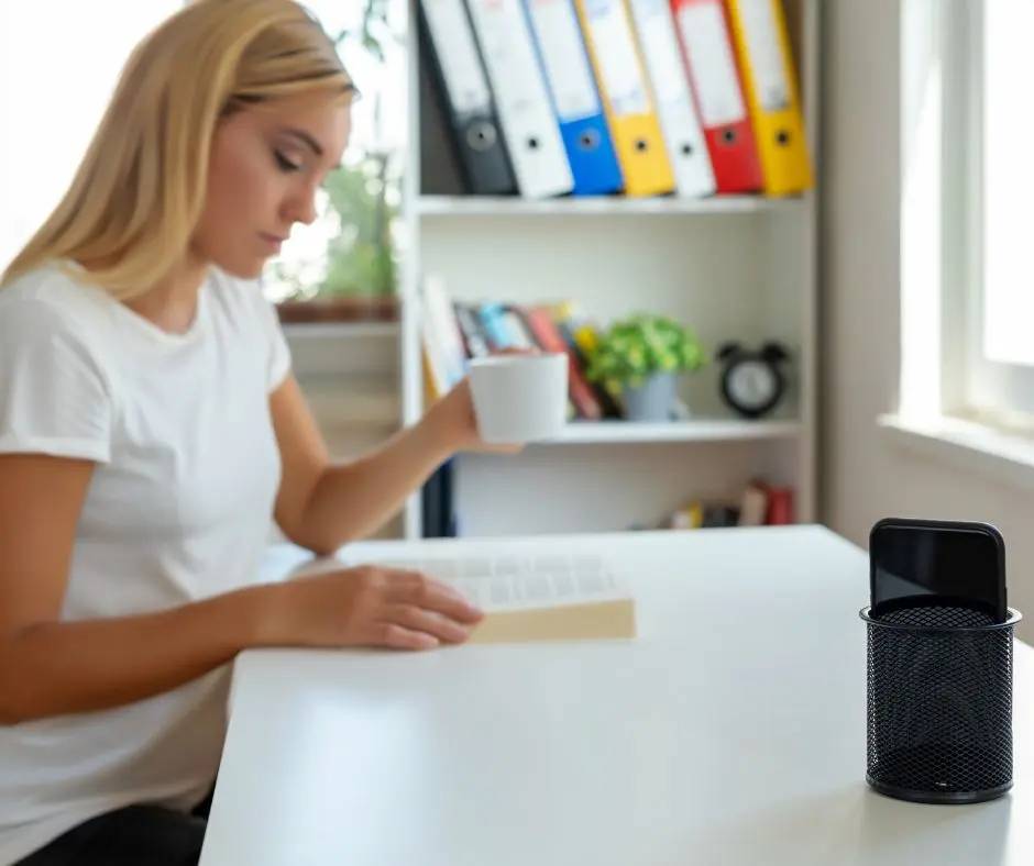  Woman working on a laptop in a home office, holding a coffee cup, with a smart speaker on the desk.