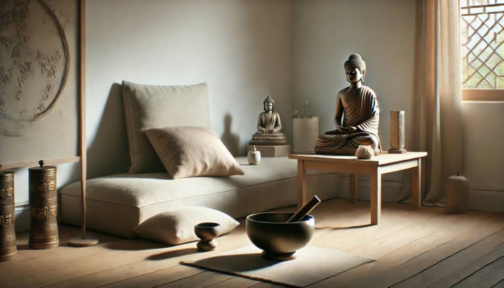 A serene room featuring Buddha statues, a wooden table, and soft cushions near a window with sunlight streaming in.