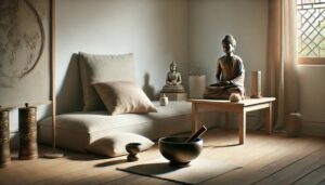 A serene room featuring Buddha statues, a wooden table, and soft cushions near a window with sunlight streaming in.