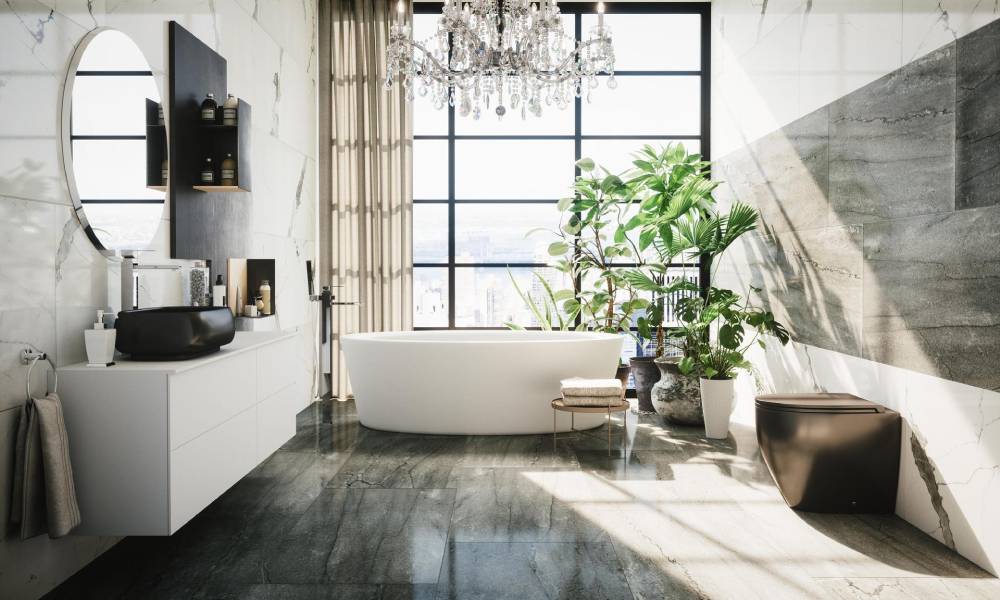  Luxurious bathroom with a freestanding tub, modern vanity, and lush plants by large windows with a city view.